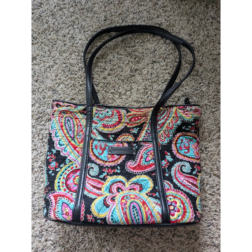 Vera Bradley Quilted Paisley Tote Bag Black Faux Leather Trim Shoulder Bag